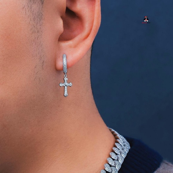 Sterling Silver Mens Cross 18k Gold Vermeil Hoops Earrings. - Picture 6 of 6